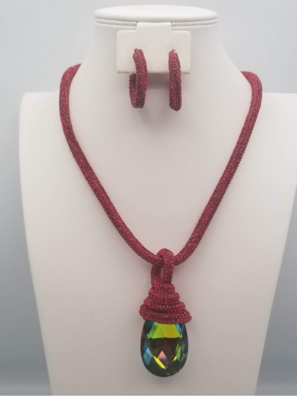 Red Sparkle Cord Necklace with Multicolor Teardrop Crystal Pendant
